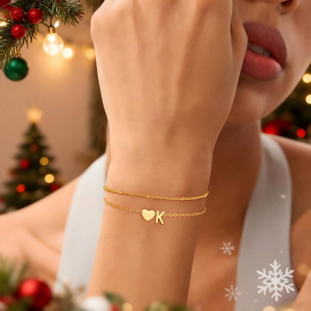 Christmas Gifts for Grandkids Teens Girls, 14K Gold Plated Heart Initial Bracele - Picture 4 of 7